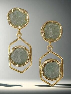18k Gold Plated Artisan Raw Natural Green Adventurine Stone Geometric Earrings